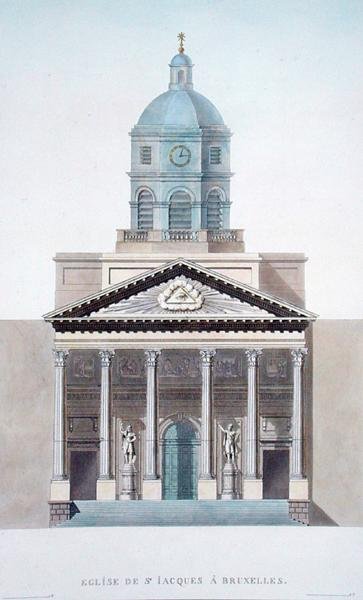 Church of St. Jacques, Brussel, fra utvalg av de mest fremragende monumentene, bygningene og husene i kongeriket Nederland av Pierre Jacques Goetghebuer, utgitt 1827 (akvatint) (se også 186059) av Pierre Jacques Goetghebuer